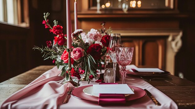 Configuração de mesa festiva com velas de talheres e belas flores vermelhas em vaso