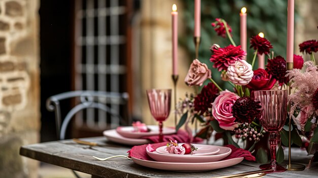 Configuração de mesa festiva com velas de talheres e belas flores vermelhas em vaso