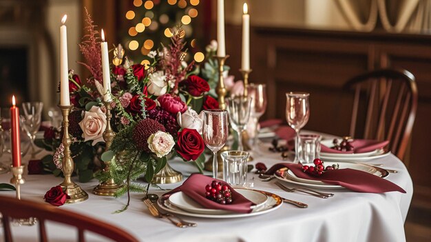 Configuração de mesa festiva com velas de talheres e belas flores vermelhas em vaso