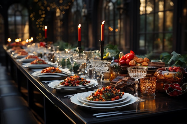 configuração de mesa festiva de Natal, mesa servida para evento.