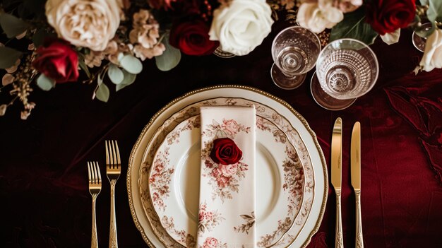 Configuração de mesa festiva em cores vermelhas e douradas para o jantar de férias