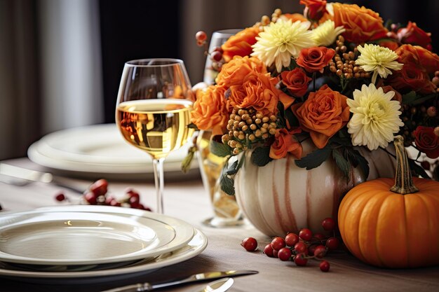 Configuração de mesa para o dia de Ação de Graças Centros de mesa de outono com abóboras e flores laranja Generative AI