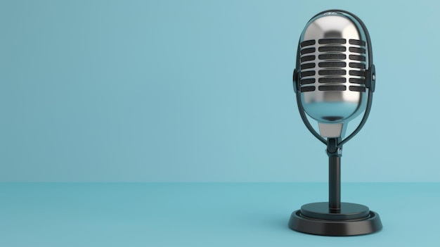Configuração de podcast de microfone de metal vibrante em palco moderno mínimo com fundo azul pálido AI generativa