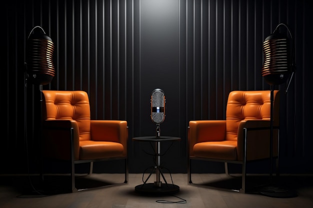 Configuração de podcast ou entrevista com duas cadeiras e microfones Generative Ai