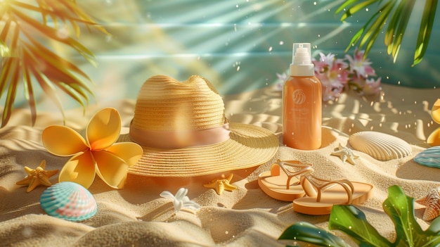 Foto configuração de praia serena com chapéu, chinelos, protetor solar e elementos tropicais