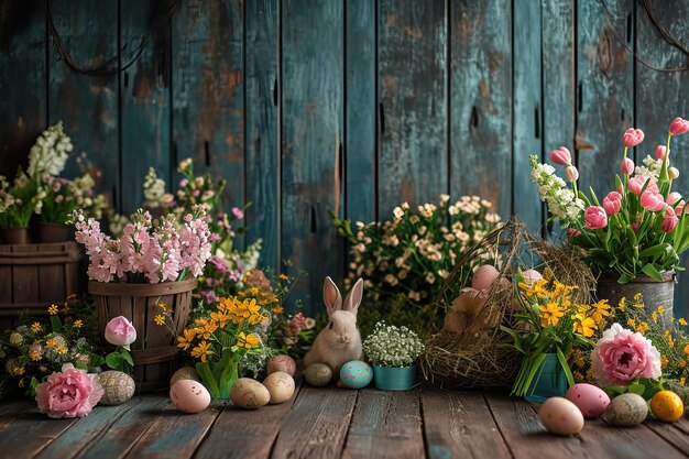 Configuração de primavera com flores coloridas flores cor-de-rosa coelho e ovos de Páscoa