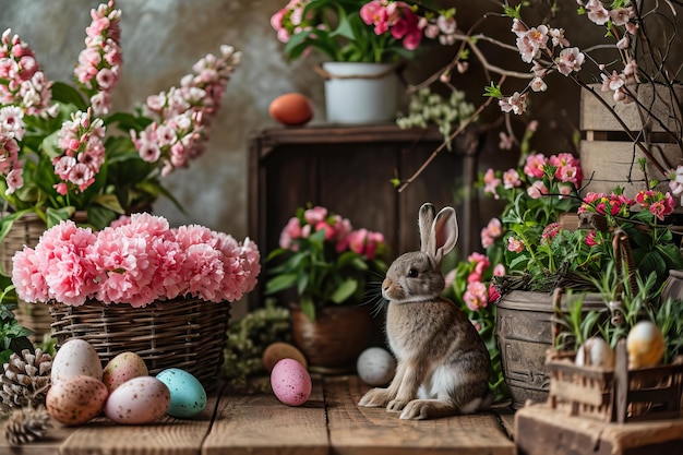 Configuração de primavera com flores coloridas flores cor-de-rosa coelho e ovos de Páscoa