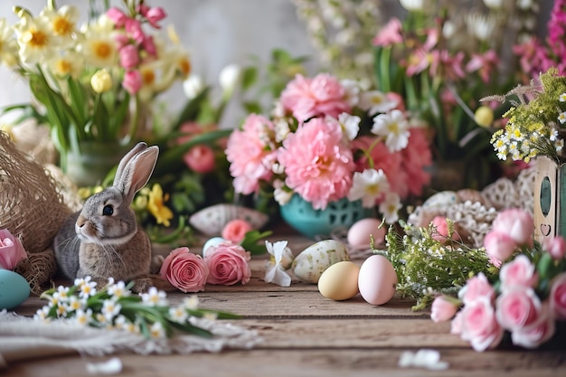 Configuração de primavera com flores coloridas flores cor-de-rosa coelho e ovos de Páscoa