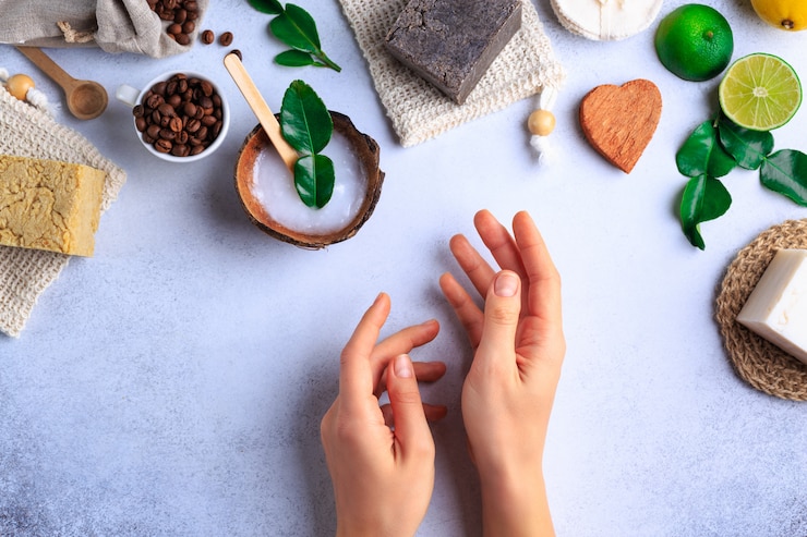 Foto configuração de produtos cosméticos naturais com sabonetes e ervas frescas vista superior mãos de mulher