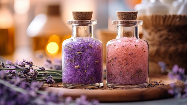 Configuração de spa com sal de banho de lavanda de aromaterapia e óleo de massagem gerado por IA