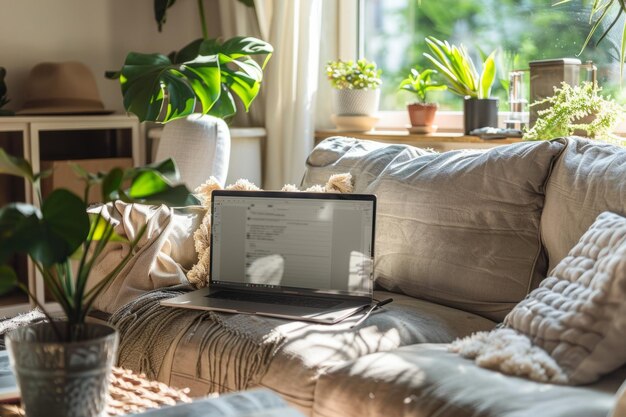 Foto configuração de trabalho remoto em casa com um laptop em um sofá macio em um escritório doméstico aconchegante