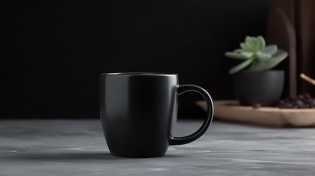 Configuração de xícara de cerâmica preta AI generativa em uma caneca interior em casa simulada em branco