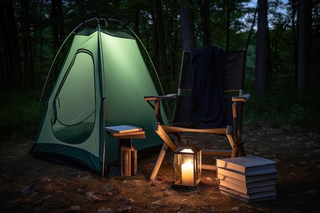 Configuração do acampamento com cadeira de lanterna e livro para leitura aconchegante criado com IA generativa