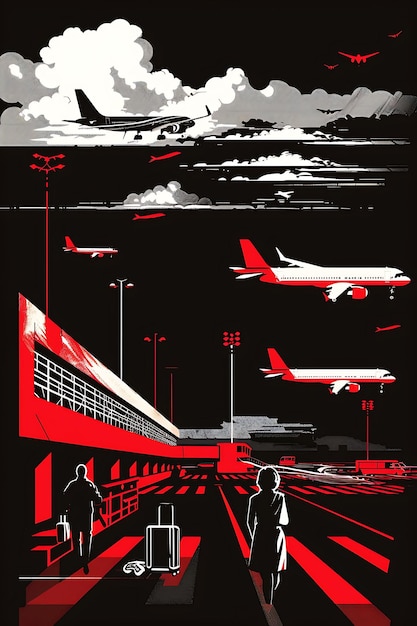 Configuração do aeroporto com viajantes e pilotos para eleição Airpl Poster Banner Design Postcard Art BG