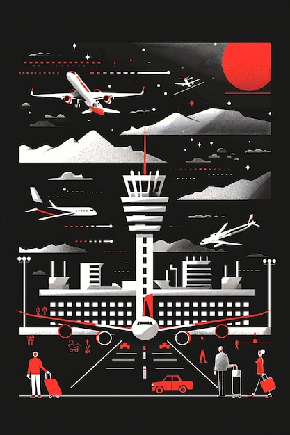 Configuração do aeroporto com viajantes e pilotos para eleição Airpl Poster Banner Design Postcard Art BG