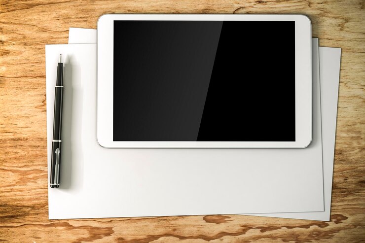 Foto configuração do local de trabalho 3d com tablet digital e documentos