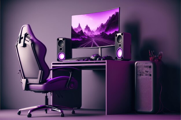 Configuração do PC Gamer com cadeira de mesa e fundo roxo do computador AI