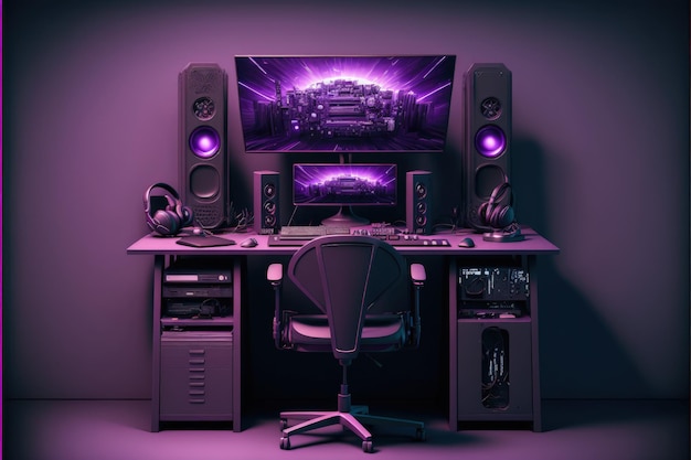 Configuração do PC Gamer com cadeira de mesa e fundo roxo do computador AI