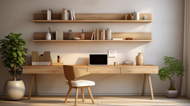 Configuração elegante de escritório em casa minimalista com amplo espaço para cópia