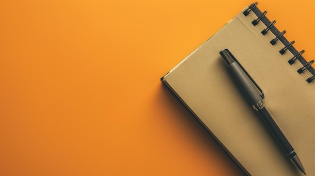 Configuração minimalista com um caderno e caneta em fundo laranja