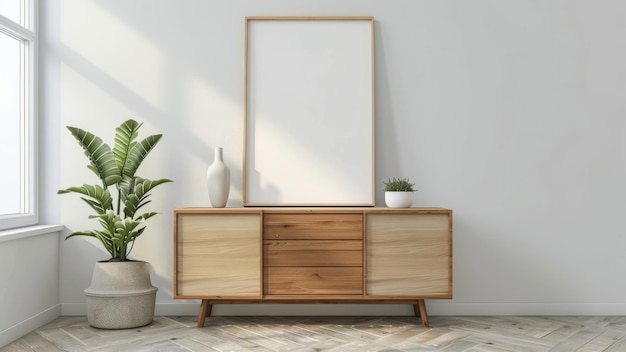 Configuração minimalista da sala de estar com estante de madeira e planta interior