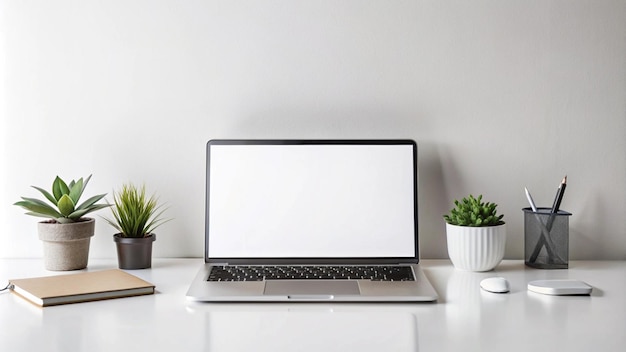 Configuração minimalista de escritório em casa com laptop e plantas