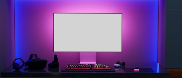 Foto configuração moderna da mesa do computador gamer com luzes rgb no computador pc de fundo