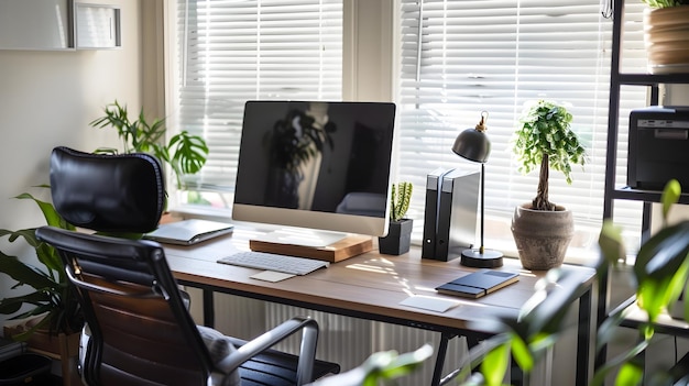 Configuração moderna de escritório em casa com mesa e computador