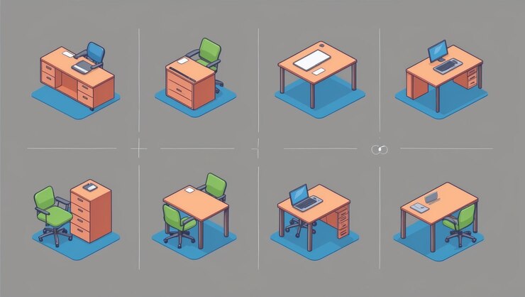 Foto configuração moderna de móveis de escritório com mesas, cadeiras e elementos de decoração