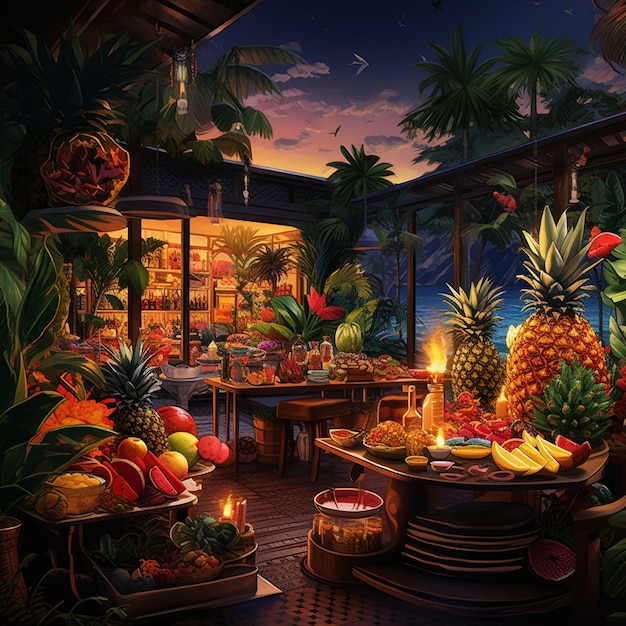 Foto configuração vibrante do buffet tropical paradise