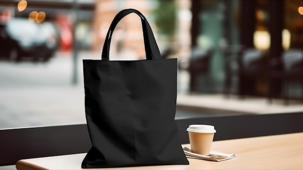 Configuración de bolsa de tela de lona negra realista generativa AI en una maqueta de comprador interior o exterior