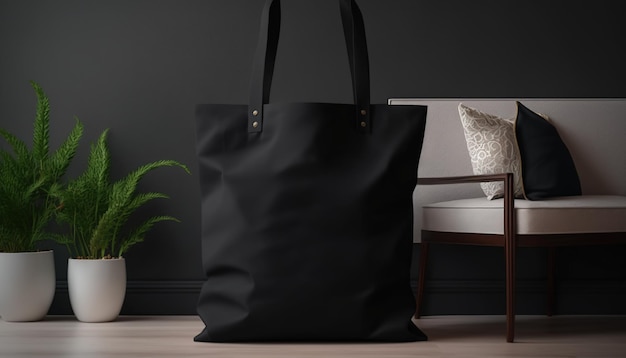 Configuración de bolsa de tela de lona negra realista de IA generativa en el interior de la casa taza simulada en blanco