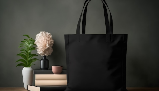 Configuración de bolsa de tela de lona negra realista de IA generativa en el interior de la casa taza simulada en blanco