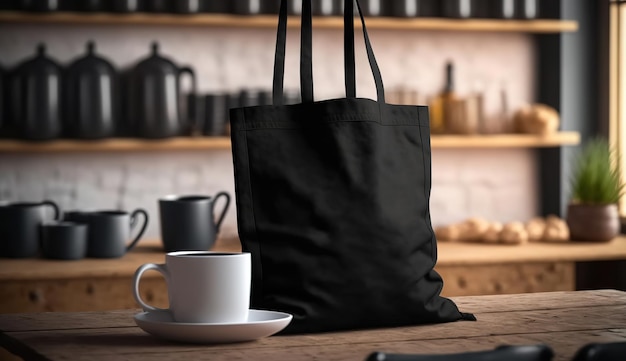 Configuración de bolsa de tela de lona negra realista con IA generativa en el interior de la casa taza simulada en blancox9