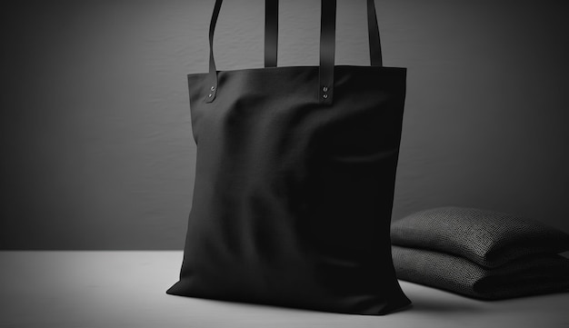 Configuración de bolsa de tela de lona negra realista con IA generativa en el interior de la casa taza simulada en blancox9