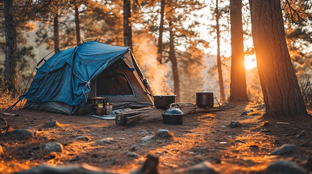 Foto configuración de carpa con ollas de cocina en el suelo para acampar