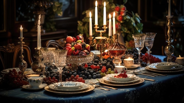 Foto configuración de la cena de navidad elegante y festiva fondo de comidas de vacaciones de temporada ia generativa