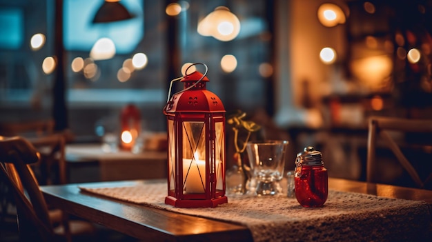 Configuración de cena romántica decoración roja con luz de velas en un restaurante Enfoque selectivo Color vintage Ai generativo