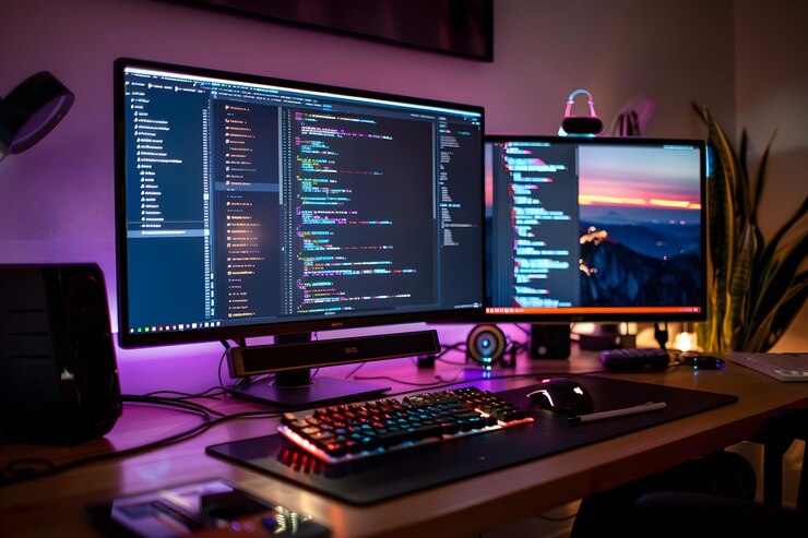 Configuración de codificación moderna con monitores duales y teclado RGB