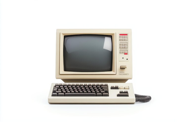 Foto una configuración de computadora antigua con un monitor y un teclado que representa la tecnología temprana