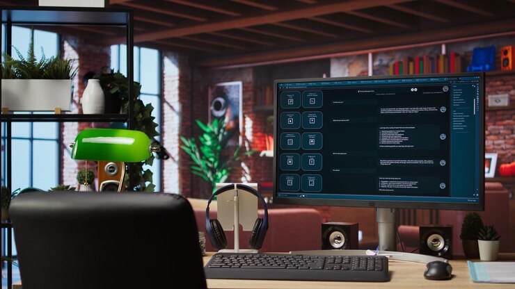 Foto configuración de computadora en un apartamento brillante que muestra un gran programa de modelo de lenguaje