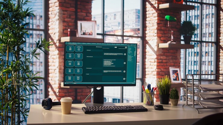 Foto configuración de la computadora en el espacio de trabajo que muestra un gran modelo de programa de lenguaje
