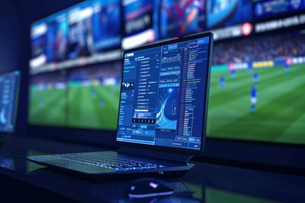 Configuración de computadora con múltiples pantallas que muestran estadísticas de partidos de fútbol en vivo y probabilidades de apuestas