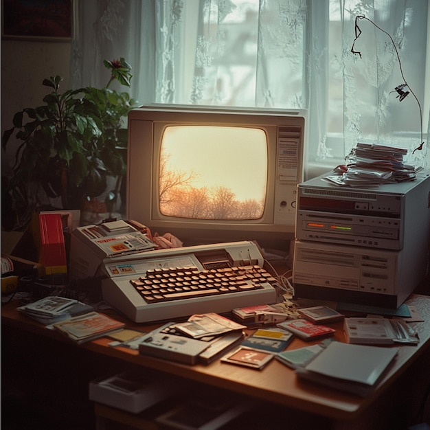 Una configuración de computadora personal de la década de 1980 con un monitor CRT teclado mecánico y disquetes esparcidos