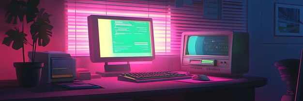Configuración de computadora retro con colores de neón