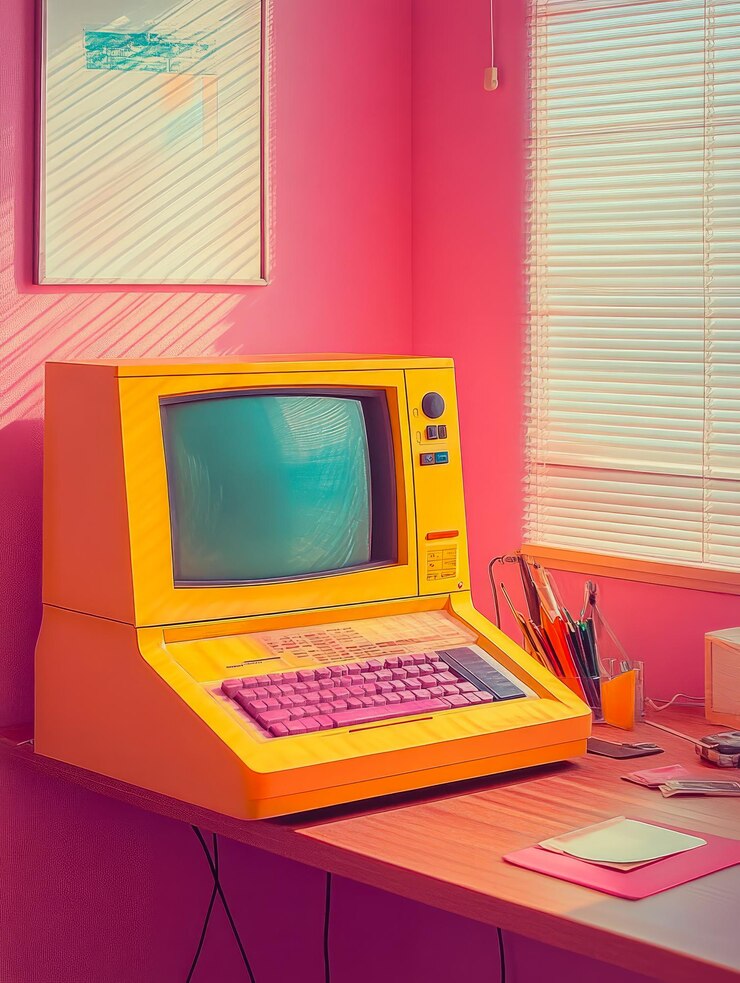 Foto configuración de computadora retro en el cuarto rosa