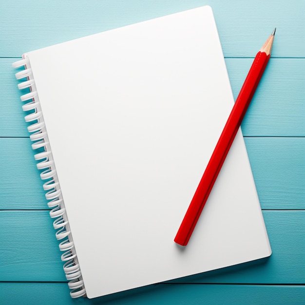 Foto configuración educativa caderno y lápiz rojo sobre fondo de madera azul para las redes sociales tamaño de la publicación