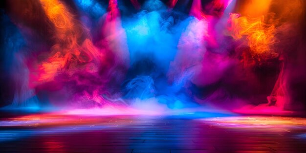 Configuración del escenario teatral con niebla de reflectores cálidos y ambiente colorido para el concepto de actuación Diseño del escenario teatril de reflectores calientes Niebla atmosférica ambiente colorido Arte de actuación