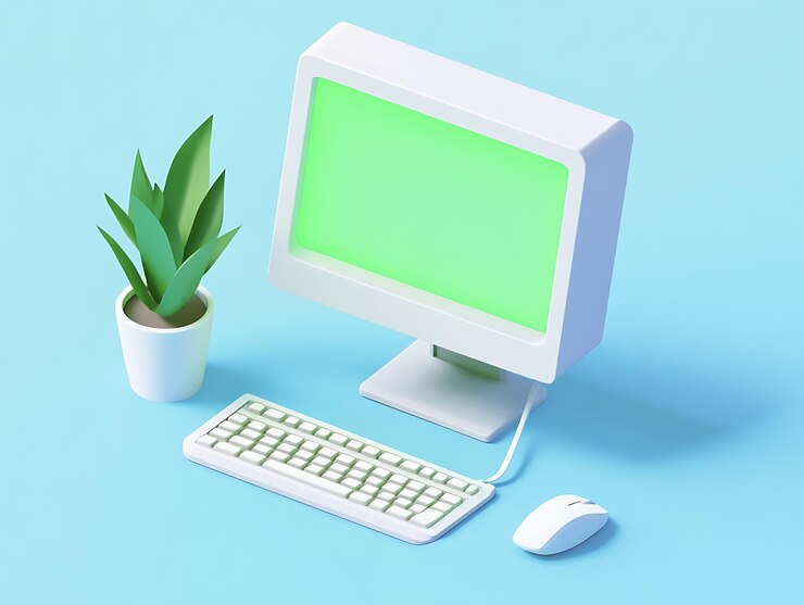 Foto configuración de escritorio minimalista pantalla verde computadora olla de planta teclado ratón fondo azul pastel