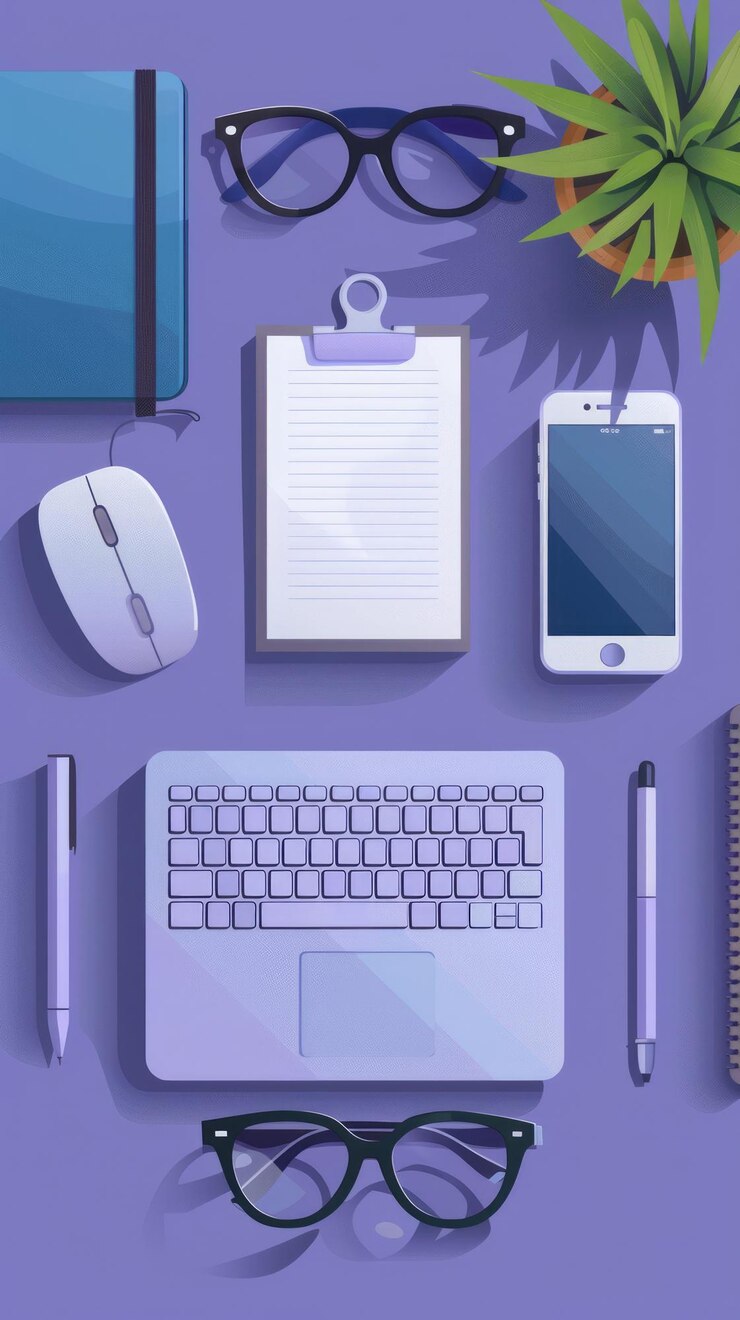 Foto configuración del escritorio organizada con lentes de portátil, bloc de notas, ratón de teléfono inteligente, planner de bolígrafo y planta en